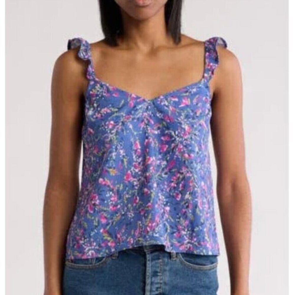 French Connection Women's Size Small Tank Blue Ruffle Floral Delicate Feminine‎